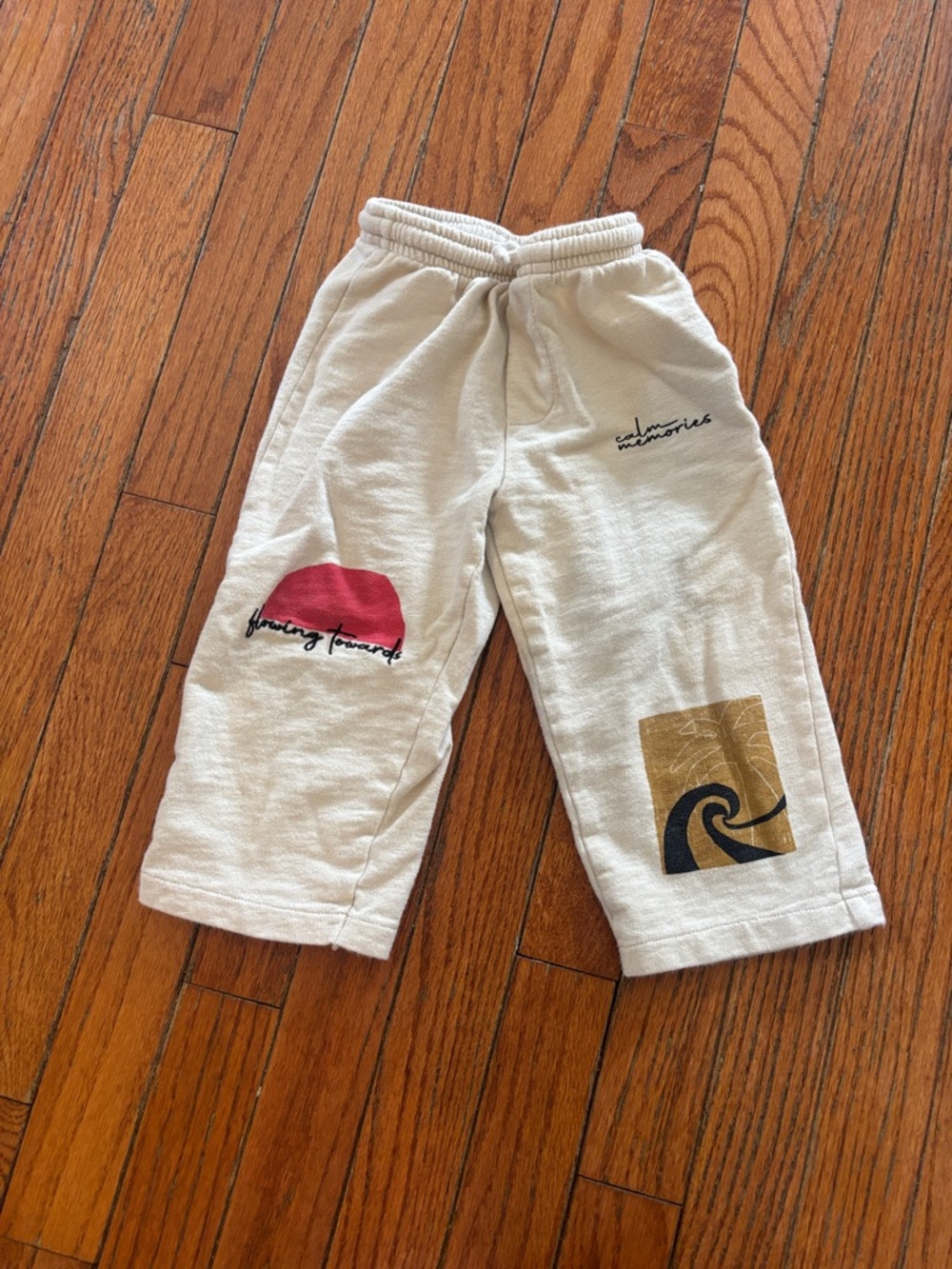 Zara Cream Sweatpants with Pink and Tan Graphic Panels